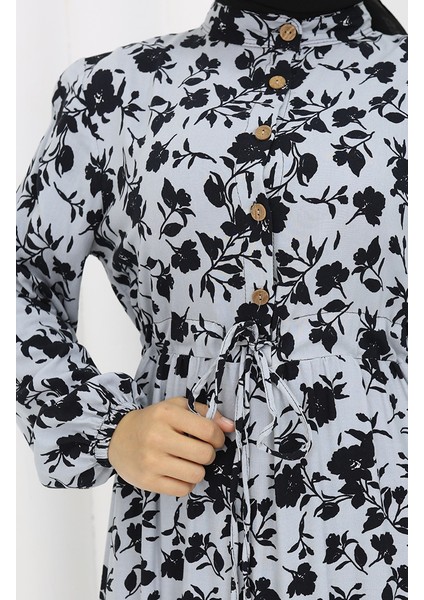 Viskon Kumaş Yarım Düğmeli Desenli Elbise 0053-03 Gri fırsatları