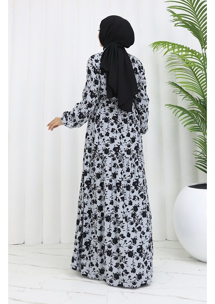 Viskon Kumaş Yarım Düğmeli Desenli Elbise 0053-03 Gri indirimleri