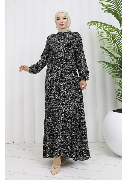 Viskon Kumaş Kolu Lastikli Desenli Elbise 2038-01 Siyah Bej