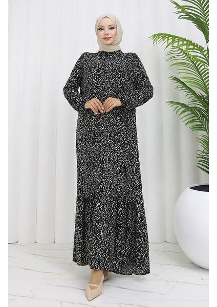 Viskon Kumaş Kolu Lastikli Desenli Elbise 2038-01 Siyah Bej fiyatları
