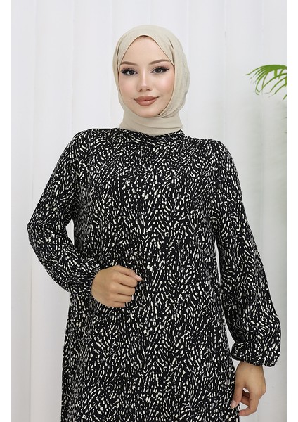 Viskon Kumaş Kolu Lastikli Desenli Elbise 2038-01 Siyah Bej modelleri