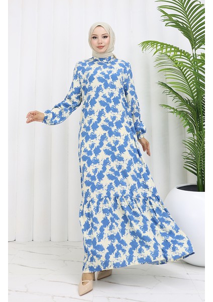Viskon Kumaş Kolu Lastikli Desenli Elbise 2034-04 Indigo