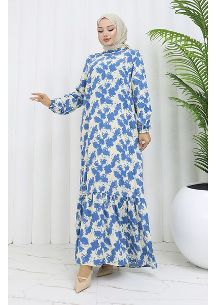 Viskon Kumaş Kolu Lastikli Desenli Elbise 2034-04 Indigo fiyatları