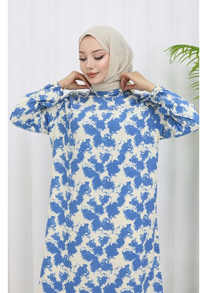 Viskon Kumaş Kolu Lastikli Desenli Elbise 2034-04 Indigo modelleri