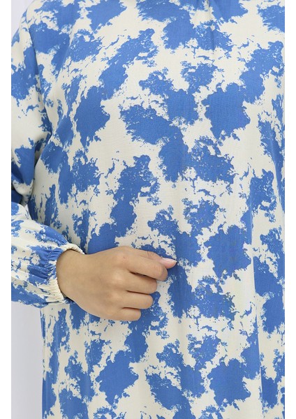 Viskon Kumaş Kolu Lastikli Desenli Elbise 2034-04 Indigo fırsatları