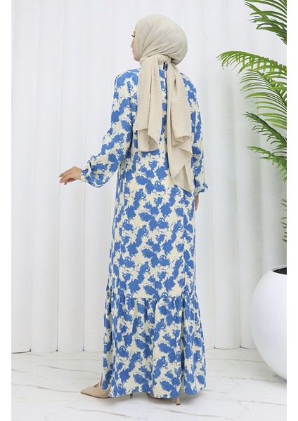 Viskon Kumaş Kolu Lastikli Desenli Elbise 2034-04 Indigo indirimleri