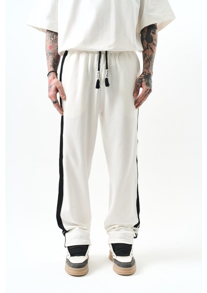 Erkek Şerit Detaylı Interlok Baggy Eşofman Altı Ekru