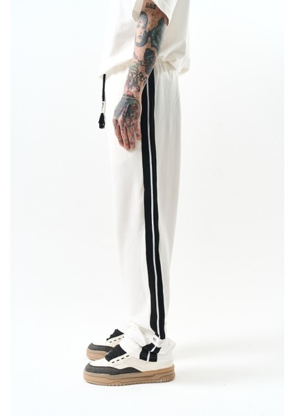 Erkek Şerit Detaylı Interlok Baggy Eşofman Altı Ekru modelleri