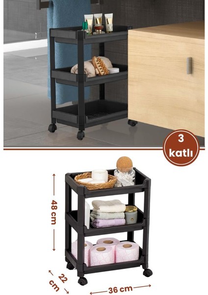 3 Katlı Tekerlekli Düzenleyici Raf, Mutfak Banyo Temizlik Katlı Organizer (22X36X48CM) Siyah