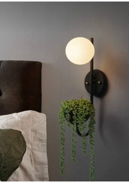 Siyah Saksılıklı Aplik Duvar Lambası Çiçeklikli Aplik Camlı Aplik Süs Aplik Salon Aplik Banyo Aplik