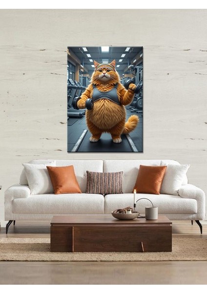 Spor Salonunda Şişman Kedi Mdf Tablo