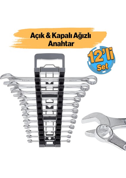 Iki Ağızlı Açık ve Kapalı Anahtar Seti 12'li Set Adet Düz 6-7-8-9-10-12-13-14-17-19-22 mm Kombine