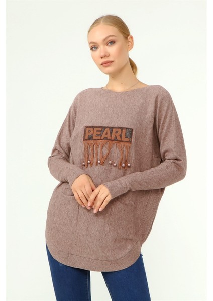 Kadın Ön İşlemeli Owersize Kazak Beige 21-1290