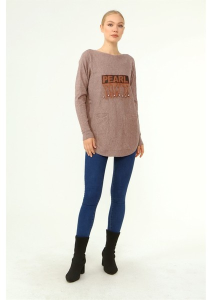 Kadın Ön İşlemeli Owersize Kazak Beige 21-1290