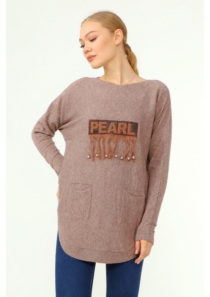 Kadın Ön İşlemeli Owersize Kazak Beige 21-1290