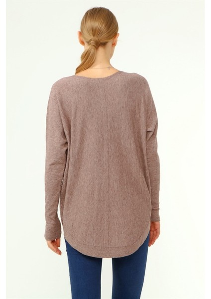 Kadın Ön İşlemeli Owersize Kazak Beige 21-1290