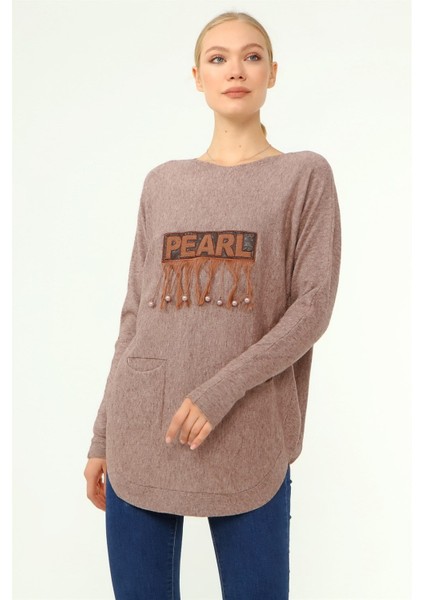 Kadın Ön İşlemeli Owersize Kazak Beige 21-1290