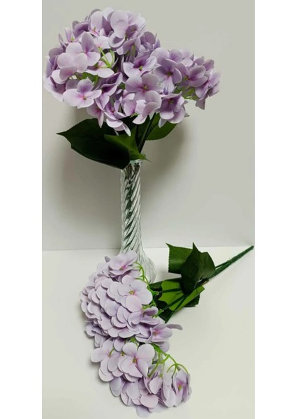 Yapay Ortanca Çiçeği Demeti Lila Islak Dokulu Lüx Vazo Buket Çiçeği Ev Dekoru 45 cm