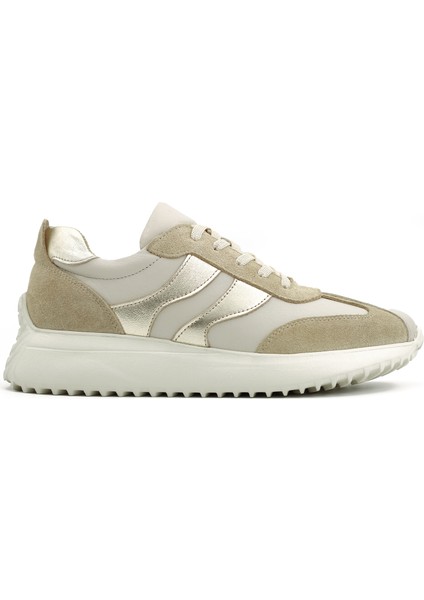 Duotone Hakiki Deri Kadın Bej – Altın Casual Sneaker Ayakkabı (Süet Detaylı)