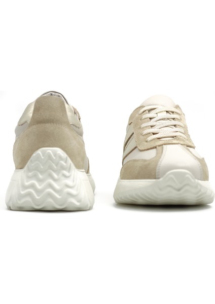 Duotone Hakiki Deri Kadın Bej – Altın Casual Sneaker Ayakkabı (Süet Detaylı)