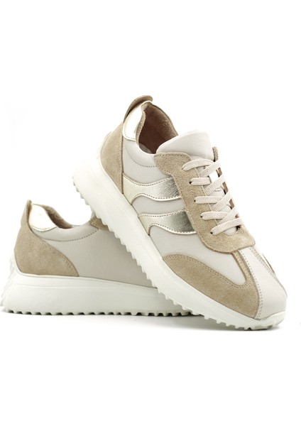 Duotone Hakiki Deri Kadın Bej – Altın Casual Sneaker Ayakkabı (Süet Detaylı)