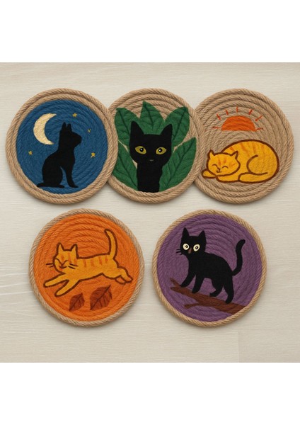 Susen Design Bohem Duvar Tabağı 5li Kedili Set
