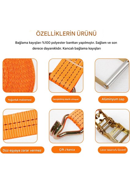 Cırcırlı Gırgır Spanzet Yük Gerdirme Halatı Eşya Sabitleme Sapan 5 Ton 10 Metre Emniyet Kemerli