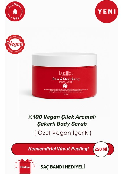 %100 Vegan Çilek Aromalı Şekerli Body Scrub , Nemlendirici Vücut Peelingi - 250 gr
