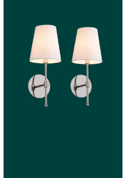 İki adet beyaz abajurlu modern krom aplik, şık ve zarif tasarım, metal materyal, E27 duy