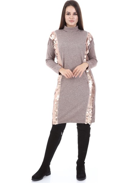 Kadın Pul Payet Detay Tunik Beige 21-1332