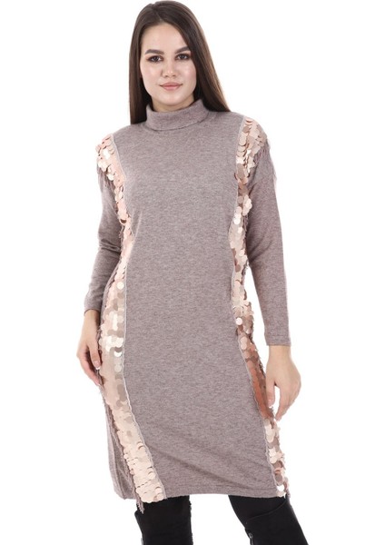 Kadın Pul Payet Detay Tunik Beige 21-1332