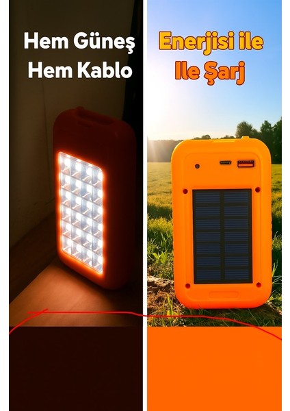 Güneş Enerjili Şarjlı 32 Ledli Işıldak Aydınlatma Kamp Lambası Feneri Beyaz Işık Power Bank