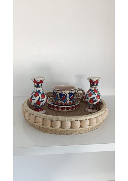 Boncuklu Yuvarlak Dekoratif Ahşap Tepsi 24 cm