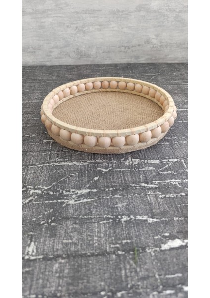 Boncuklu Yuvarlak Dekoratif Ahşap Tepsi 24 cm