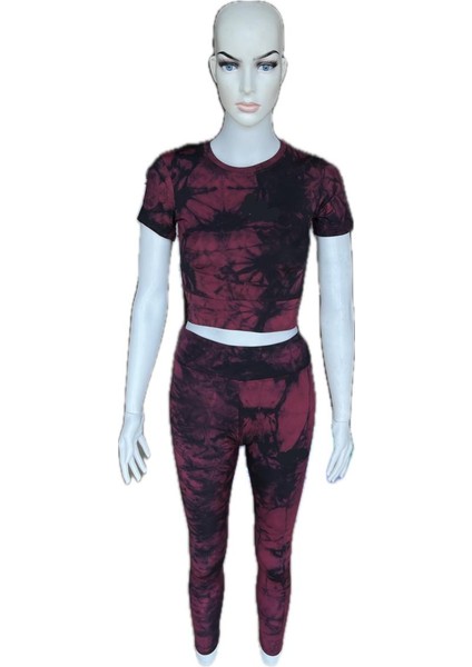 Batik Desenli Sporcu Bordo Crop Tayt Takım