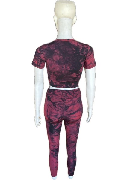 Batik Desenli Sporcu Bordo Crop Tayt Takım modelleri