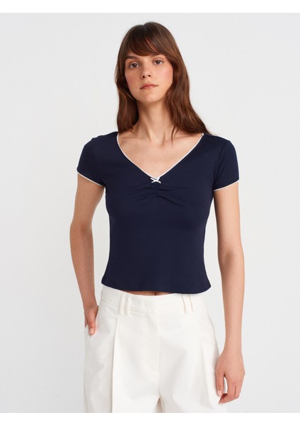 31798 Kısa Kollu Büzgülü Top-Lacivert