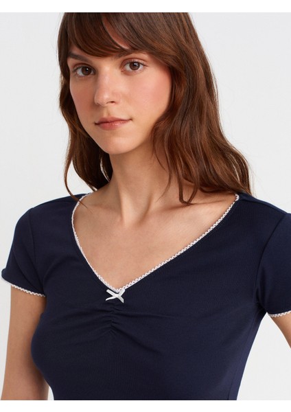 31798 Kısa Kollu Büzgülü Top-Lacivert modelleri