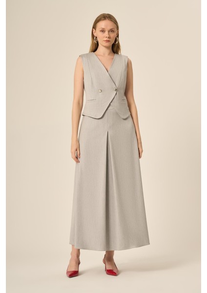 Kadın Yelek Etek Çizgili Takım Gri 31147