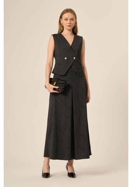 Kadın Yelek Etek Çizgili Takım Siyah 31147