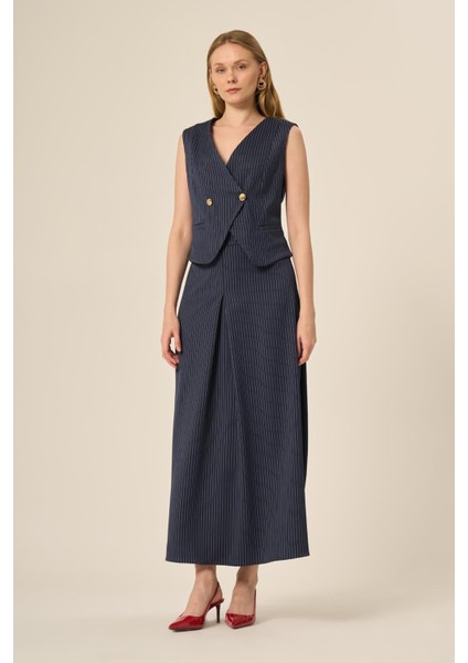 Kadın Yelek Etek Çizgili Takım Lacivert 31147