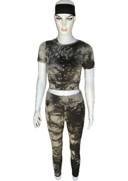 Batik Desenli Sporcu Yeşil Crop Tayt Takım