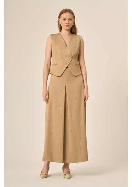Kadın Yelek Etek Çizgili Takım Beige 31147