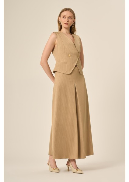 Kadın Yelek Etek Çizgili Takım Beige 31147 fiyatları