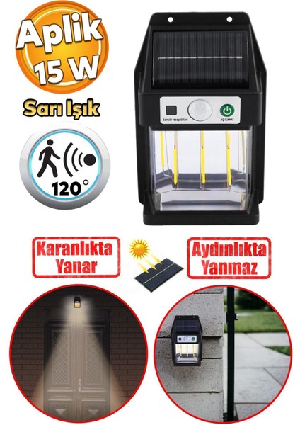 Güneş Enerjili Dış Aydınlatma Yeni Nesil Ampül Sensörlü Sarı Işıklı Aplik 15 W Portatif Fener Lamba