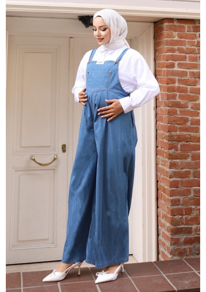 Açık Mavi Kanguru Cepli Hamile Tulum Kot Kumaş Kadın Ürünü 19248 modelleri