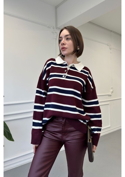 Polo Yaka Uzun Kollu Çizgili Kazak- Bordo