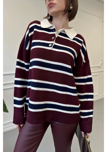 Polo Yaka Uzun Kollu Çizgili Kazak- Bordo modelleri