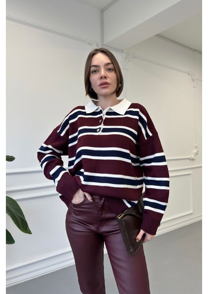 Polo Yaka Uzun Kollu Çizgili Kazak- Bordo fırsatları