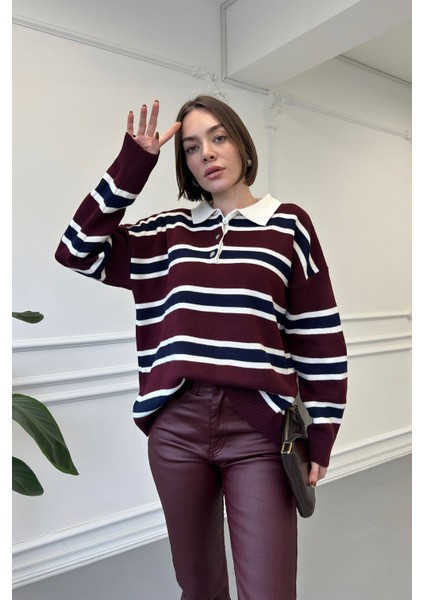 Polo Yaka Uzun Kollu Çizgili Kazak- Bordo indirimleri